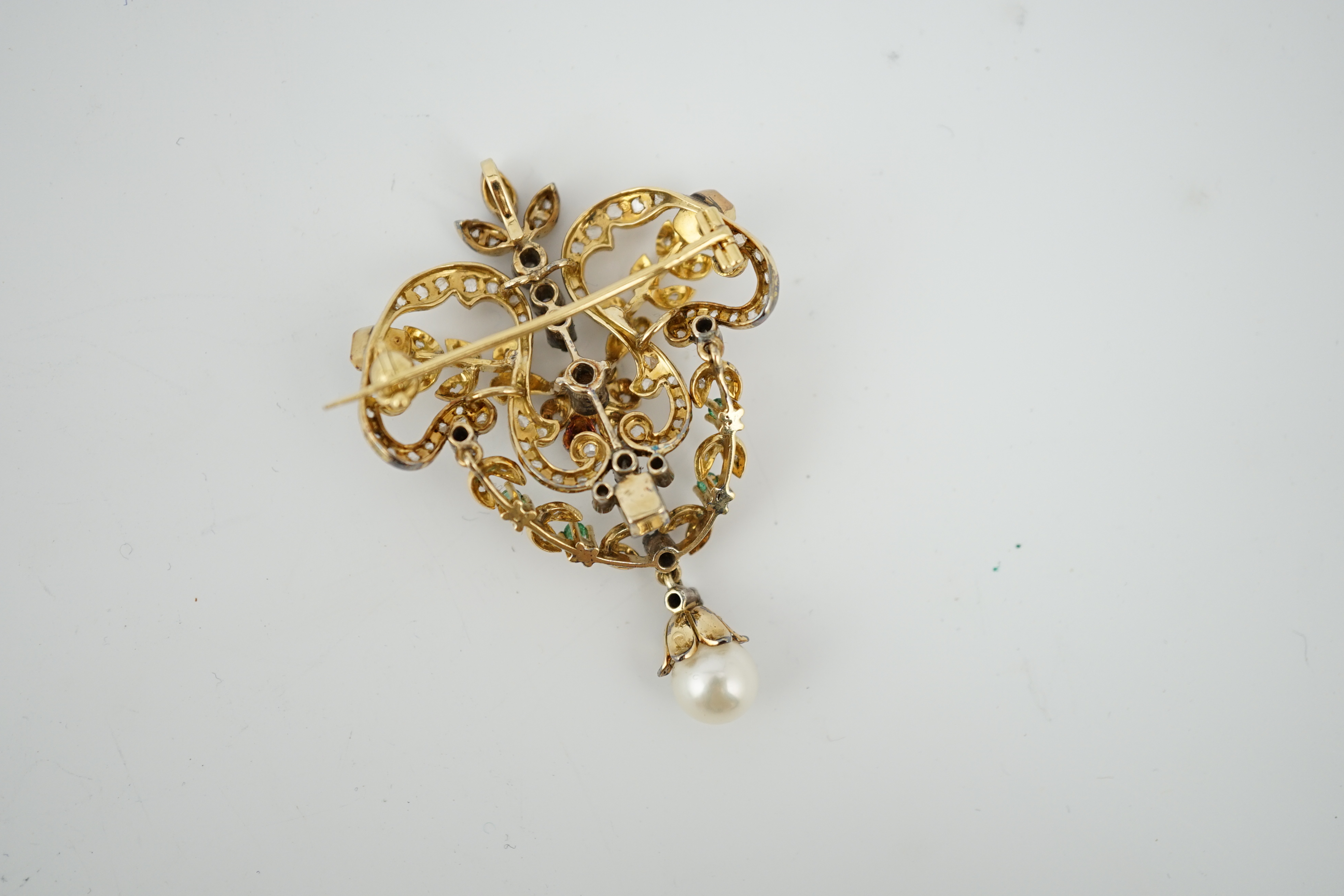 A Victorian gold, emerald and diamond cluster pendant brooch, with pearl drop